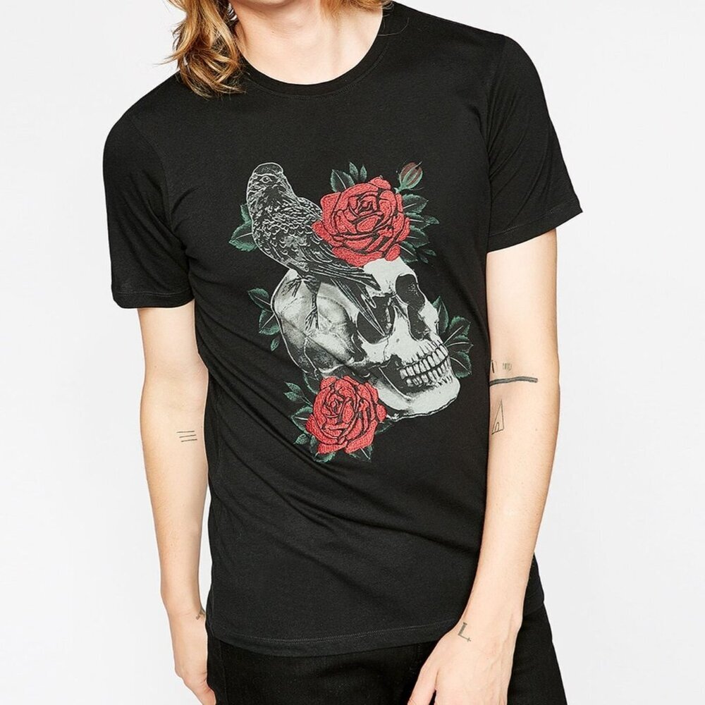 The Kooples Skull Roses Raven Mens T Shirt Size XL Black Red‎ Goth Rocker